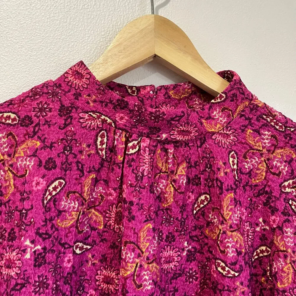 LOFT Floral Print Puff Sleeve Blouse Boho Chic Pink Purple Top Size Large